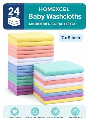 HOMEXCEL Baby Washcloths 24 Pack Soft Microfiber Coral Fleece Towels 7x9 Inch